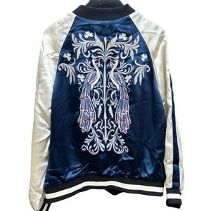 Zara Reversible Peacock Embroidered Satin Bomber Jacket Size Medium